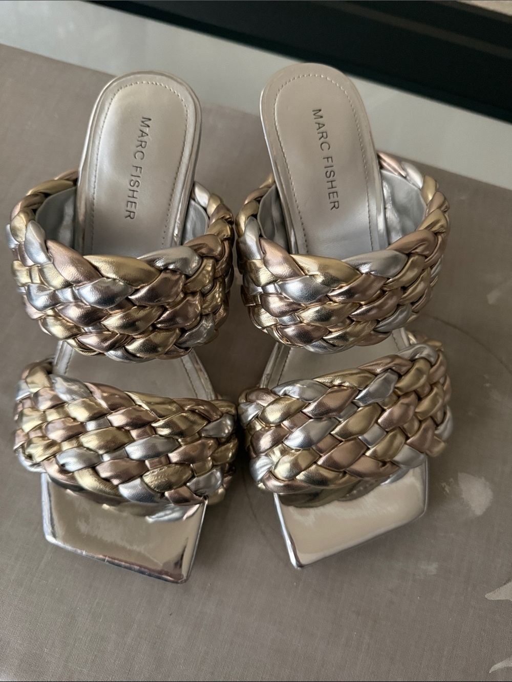 Marc Fisher Metallic Braided Slide Heels in Gold and Silver